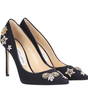 JIMMY CHOO 
Crystal Embellished Romy 100 Flannel Pumps 8.5 Navy
